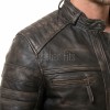 Men Distressed Leather Cafe Racer Jacket | Premium Vintage Black Brown Genuine Sheepskin | Retro Motorcycle Biker Ribbed Shoulder Outerwear