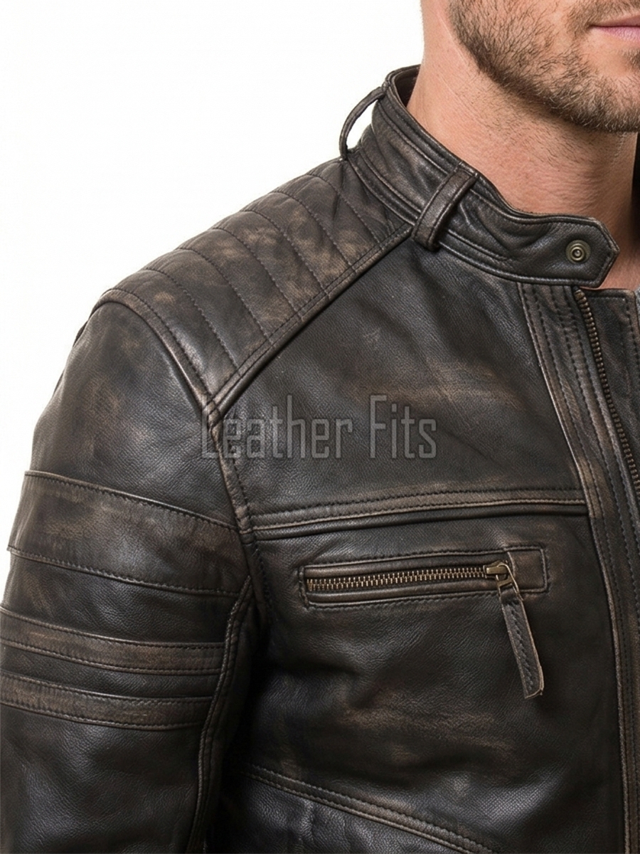 Men Distressed Leather Cafe Racer Jacket | Premium Vintage Black Brown Genuine Sheepskin | Retro Motorcycle Biker Ribbed Shoulder Outerwear