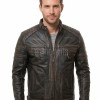 Men Distressed Leather Cafe Racer Jacket | Premium Vintage Black Brown Genuine Sheepskin | Retro Motorcycle Biker Ribbed Shoulder Outerwear