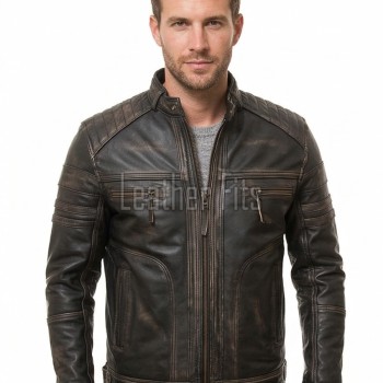 Men Distressed Leather Cafe Racer Jacket | Premium Vintage Black Brown Genuine Sheepskin | Retro Motorcycle Biker Ribbed Shoulder Outerwear