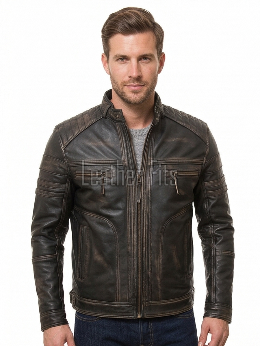 Men Distressed Leather Cafe Racer Jacket | Premium Vintage Black Brown Genuine Sheepskin | Retro Motorcycle Biker Ribbed Shoulder Outerwear