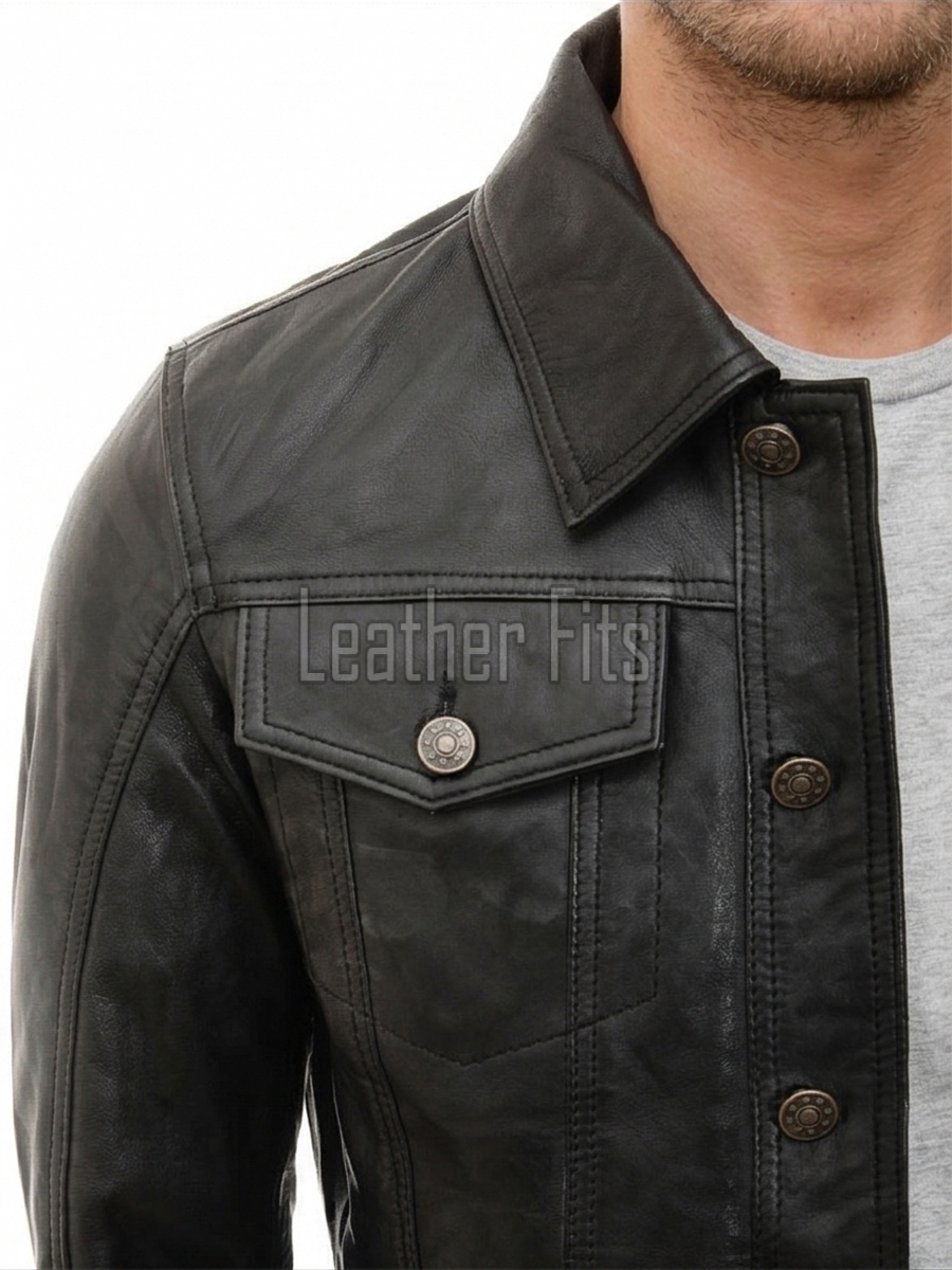Men Black Leather Trucker Jacket | Premium Vintage Genuine Sheepskin Western Coat | Classic Turn Down Shirt Collar Button Up Denim Style Outerwear