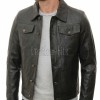 Men Black Leather Trucker Jacket | Premium Vintage Genuine Sheepskin Western Coat | Classic Turn Down Shirt Collar Button Up Denim Style Outerwear