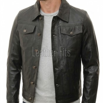 Men Black Leather Trucker Jacket | Premium Vintage Genuine Sheepskin Western Coat | Classic Turn Down Shirt Collar Button Up Denim Style Outerwear