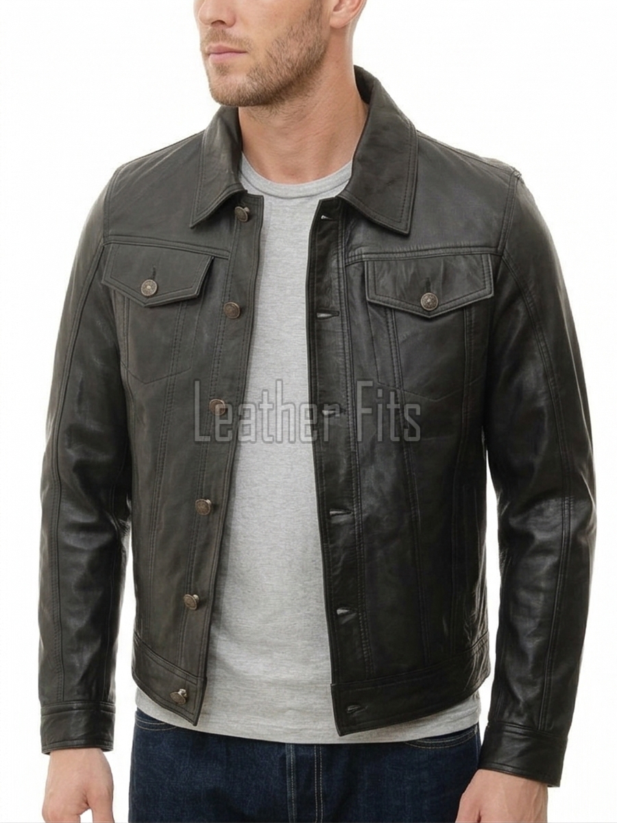 Men Black Leather Trucker Jacket | Premium Vintage Genuine Sheepskin Western Coat | Classic Turn Down Shirt Collar Button Up Denim Style Outerwear