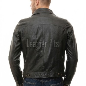 Men Black Leather Trucker Jacket | Premium Vintage Genuine Sheepskin Western Coat | Classic Turn Down Shirt Collar Button Up Denim Style Outerwear