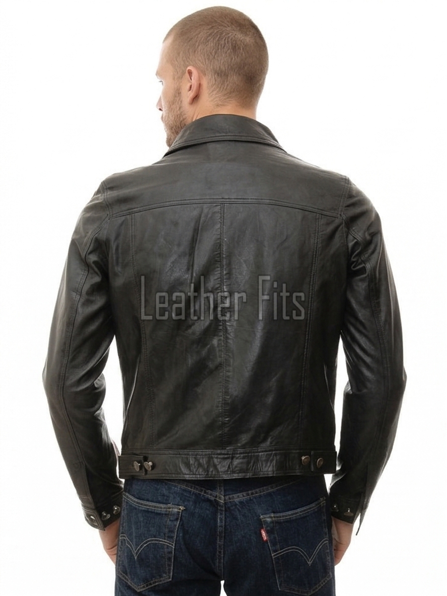 Men Black Leather Trucker Jacket | Premium Vintage Genuine Sheepskin Western Coat | Classic Turn Down Shirt Collar Button Up Denim Style Outerwear
