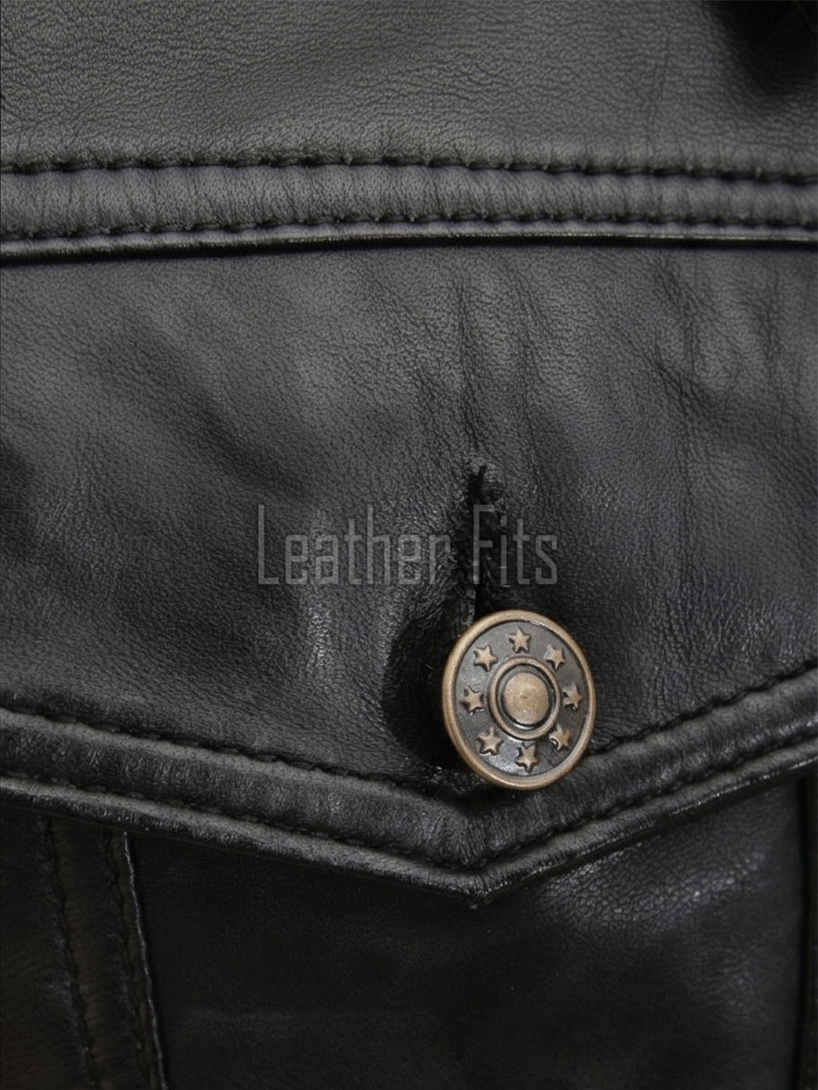 Men Black Leather Trucker Jacket | Premium Vintage Genuine Sheepskin Western Coat | Classic Turn Down Shirt Collar Button Up Denim Style Outerwear