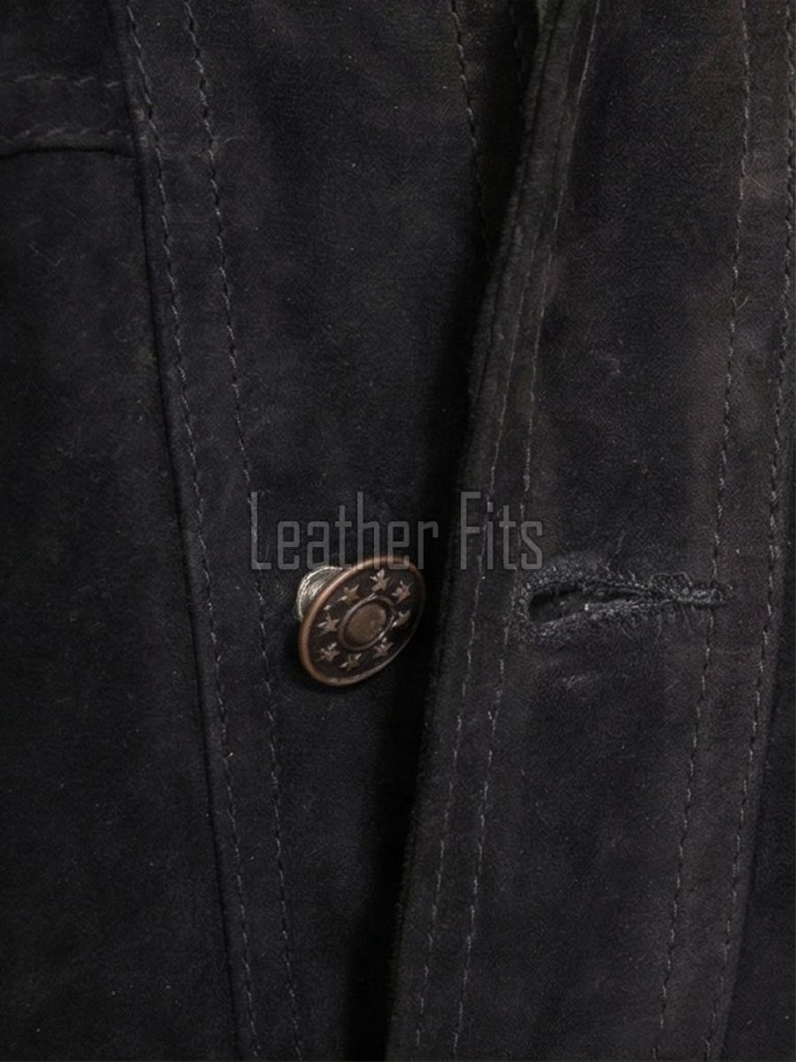 Men Black Suede Leather Trucker Jacket | Premium Genuine Goat Suede Western Shacket | Classic Turn Down Collar Button Up Slim Fit Outerwear