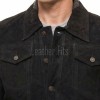 Men Black Suede Leather Trucker Jacket | Premium Genuine Goat Suede Western Shacket | Classic Turn Down Collar Button Up Slim Fit Outerwear