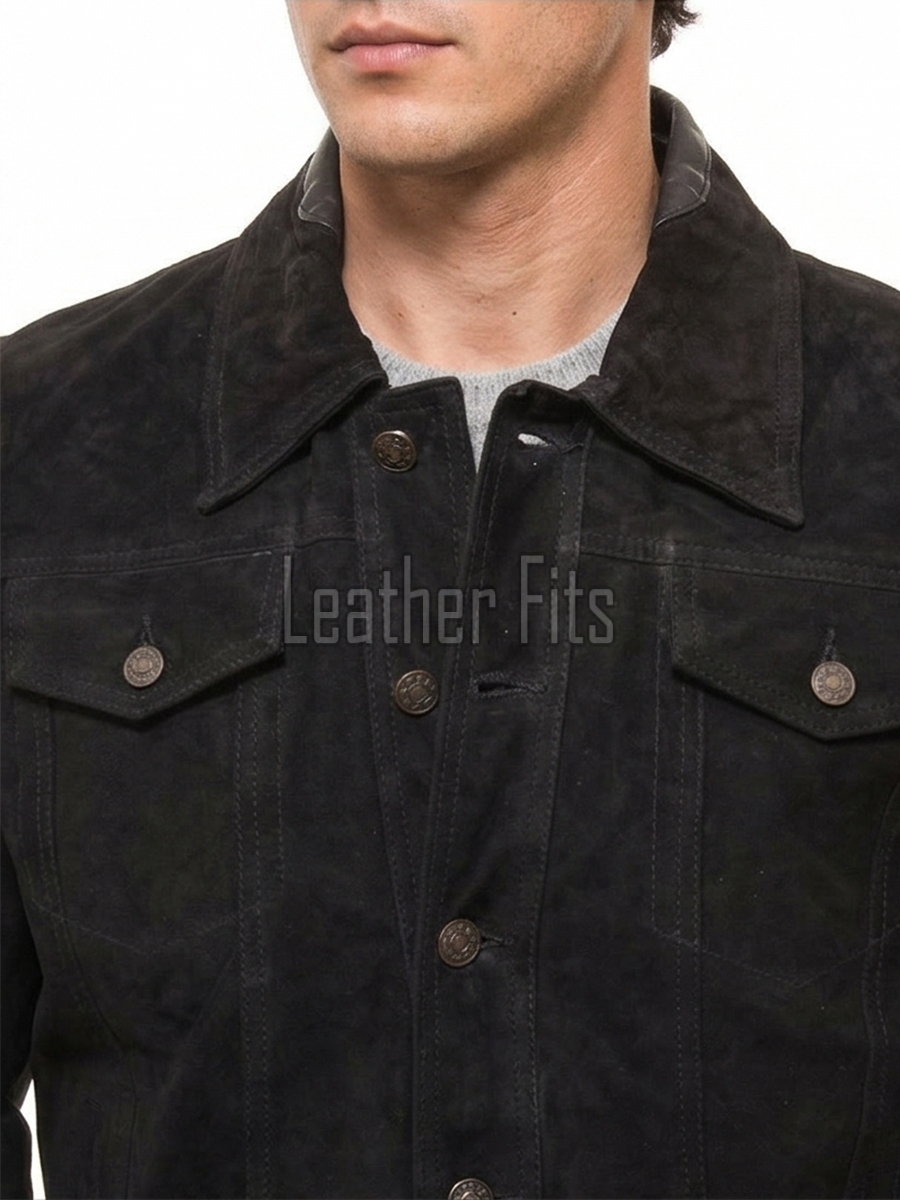 Men Black Suede Leather Trucker Jacket | Premium Genuine Goat Suede Western Shacket | Classic Turn Down Collar Button Up Slim Fit Outerwear