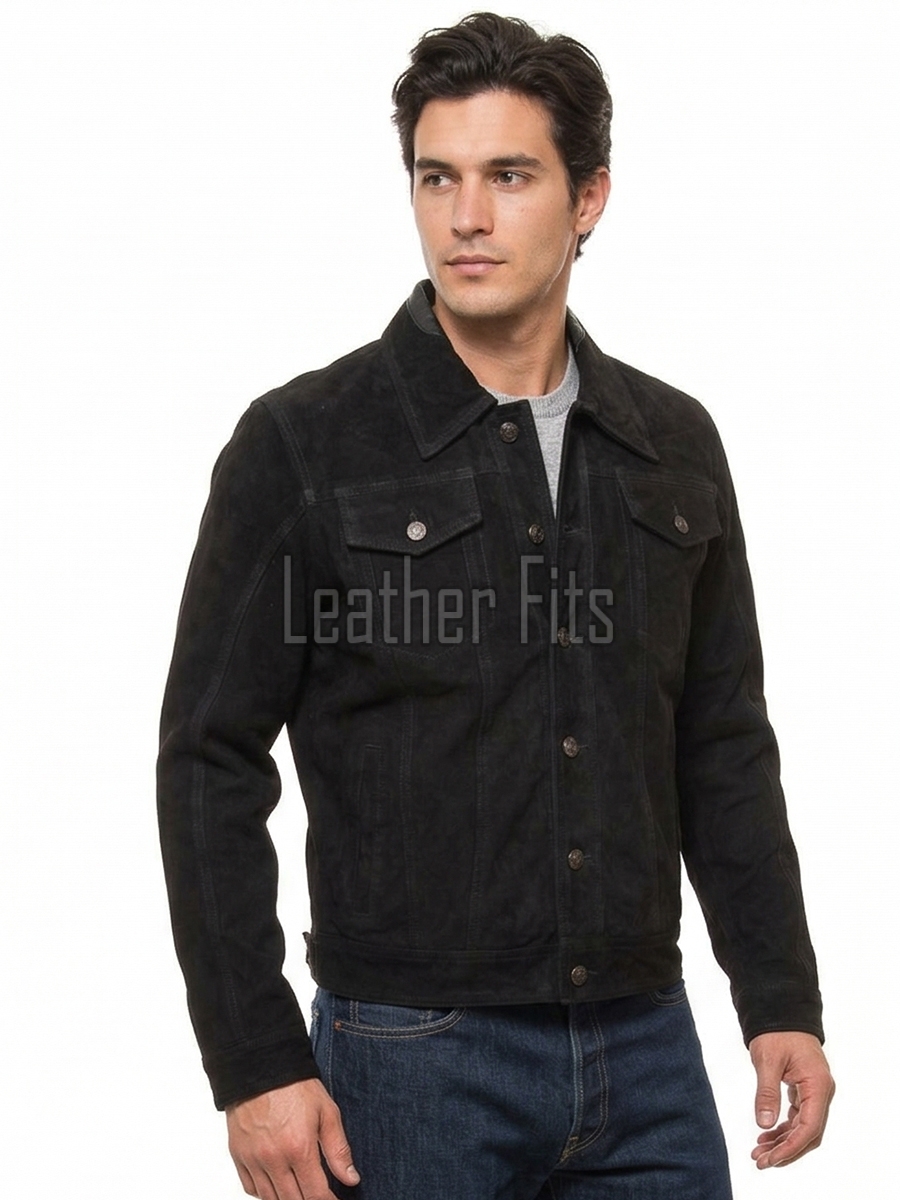 Men Black Suede Leather Trucker Jacket | Premium Genuine Goat Suede Western Shacket | Classic Turn Down Collar Button Up Slim Fit Outerwear
