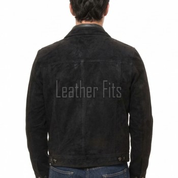 Men Black Suede Leather Trucker Jacket | Premium Genuine Goat Suede Western Shacket | Classic Turn Down Collar Button Up Slim Fit Outerwear