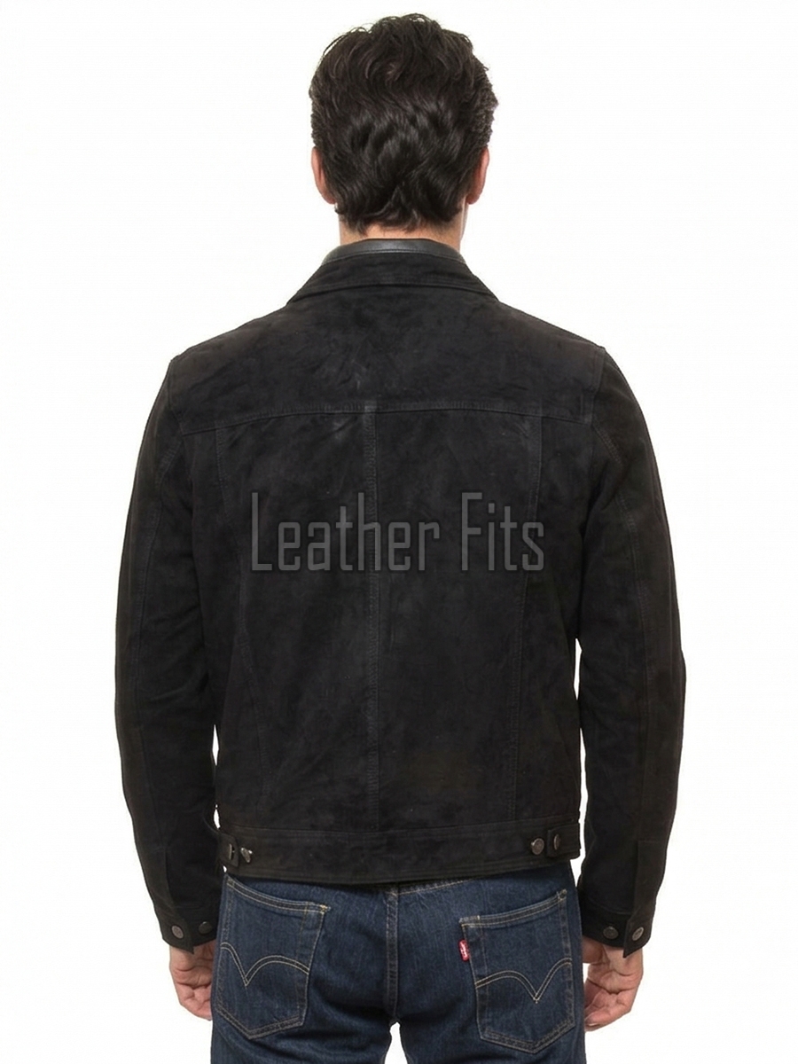 Men Black Suede Leather Trucker Jacket | Premium Genuine Goat Suede Western Shacket | Classic Turn Down Collar Button Up Slim Fit Outerwear