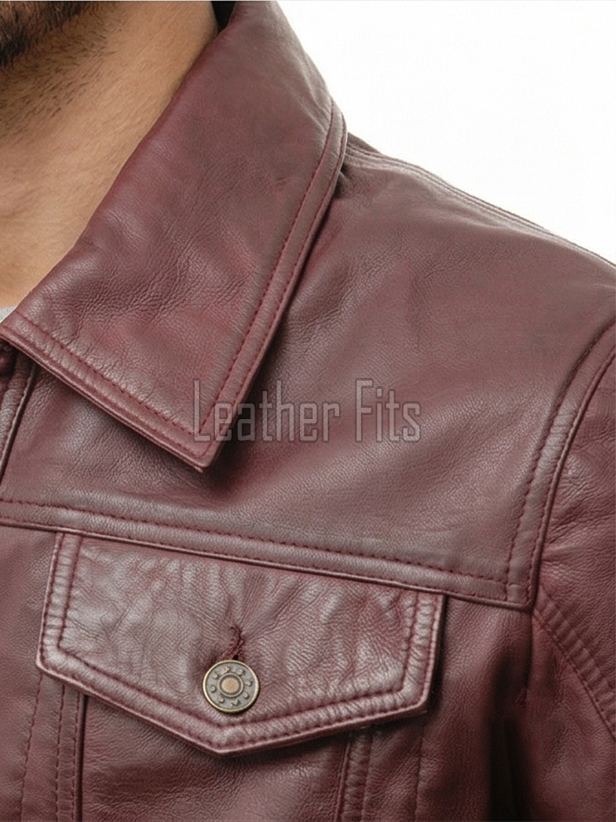 Men Oxblood Leather Trucker Jacket | Premium Vintage Plum Genuine Lambskin Casual Coat | Western Classic Button Up Denim Style Fitted Outerwear