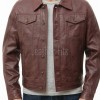 Men Oxblood Leather Trucker Jacket | Premium Vintage Plum Genuine Lambskin Casual Coat | Western Classic Button Up Denim Style Fitted Outerwear