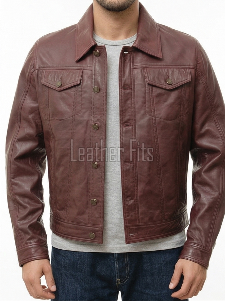 Men Oxblood Leather Trucker Jacket | Premium Vintage Plum Genuine Lambskin Casual Coat | Western Classic Button Up Denim Style Fitted Outerwear