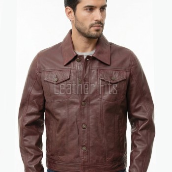 Men Oxblood Leather Trucker Jacket | Premium Vintage Plum Genuine Lambskin Casual Coat | Western Classic Button Up Denim Style Fitted Outerwear