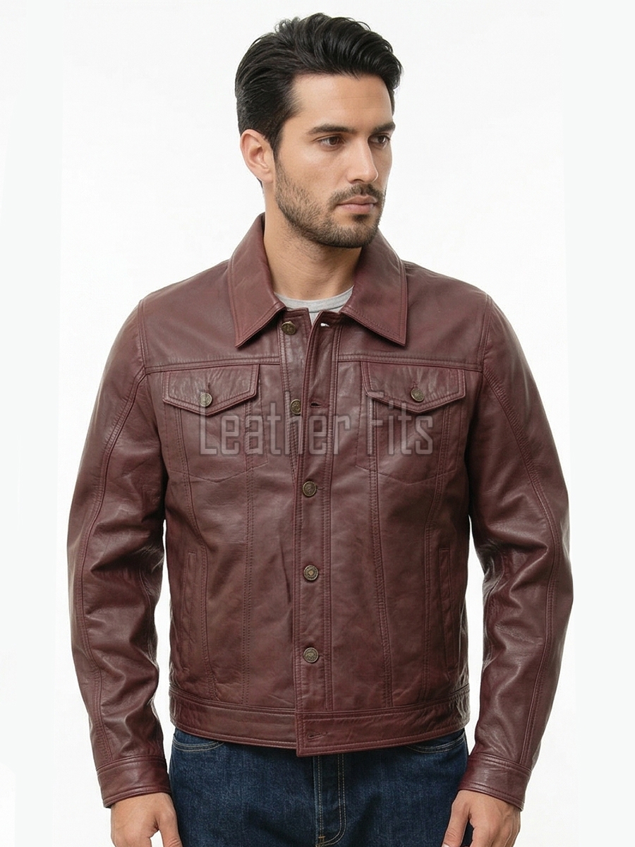 Men Oxblood Leather Trucker Jacket | Premium Vintage Plum Genuine Lambskin Casual Coat | Western Classic Button Up Denim Style Fitted Outerwear