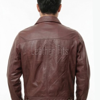 Men Oxblood Leather Trucker Jacket | Premium Vintage Plum Genuine Lambskin Casual Coat | Western Classic Button Up Denim Style Fitted Outerwear