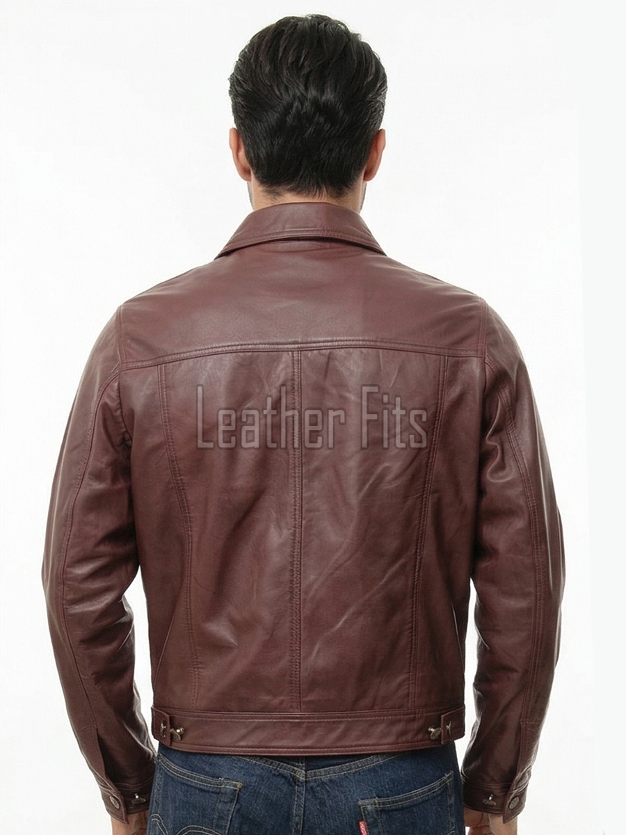 Men Oxblood Leather Trucker Jacket | Premium Vintage Plum Genuine Lambskin Casual Coat | Western Classic Button Up Denim Style Fitted Outerwear
