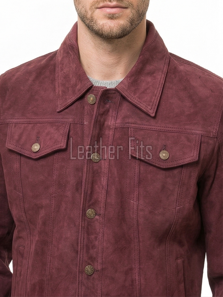 Men Maroon Suede Leather Trucker Jacket | Premium Genuine Suede Western Shacket | Classic Turn Down Shirt Collar Button Up Slim Fit Outerwear