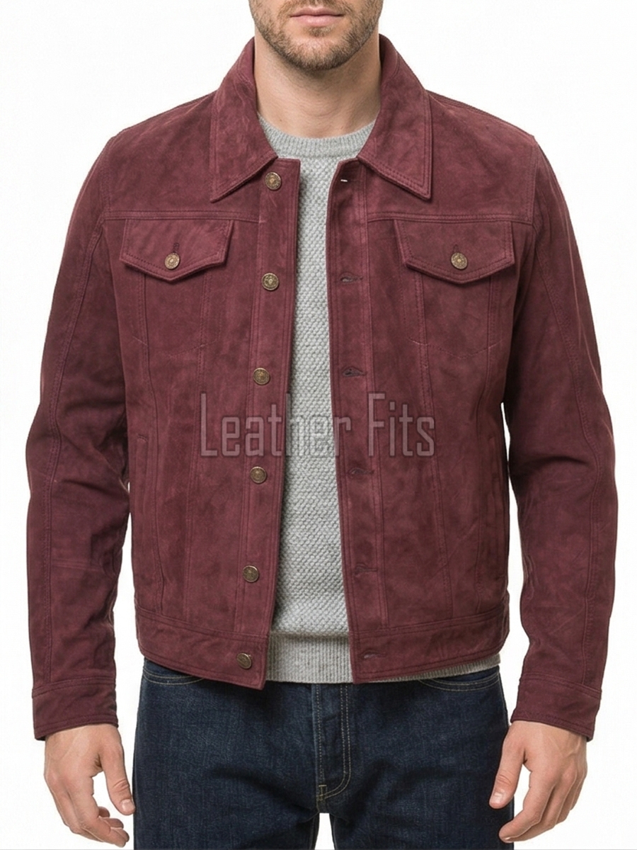 Men Maroon Suede Leather Trucker Jacket | Premium Genuine Suede Western Shacket | Classic Turn Down Shirt Collar Button Up Slim Fit Outerwear