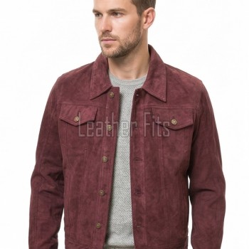Men Maroon Suede Leather Trucker Jacket | Premium Genuine Suede Western Shacket | Classic Turn Down Shirt Collar Button Up Slim Fit Outerwear
