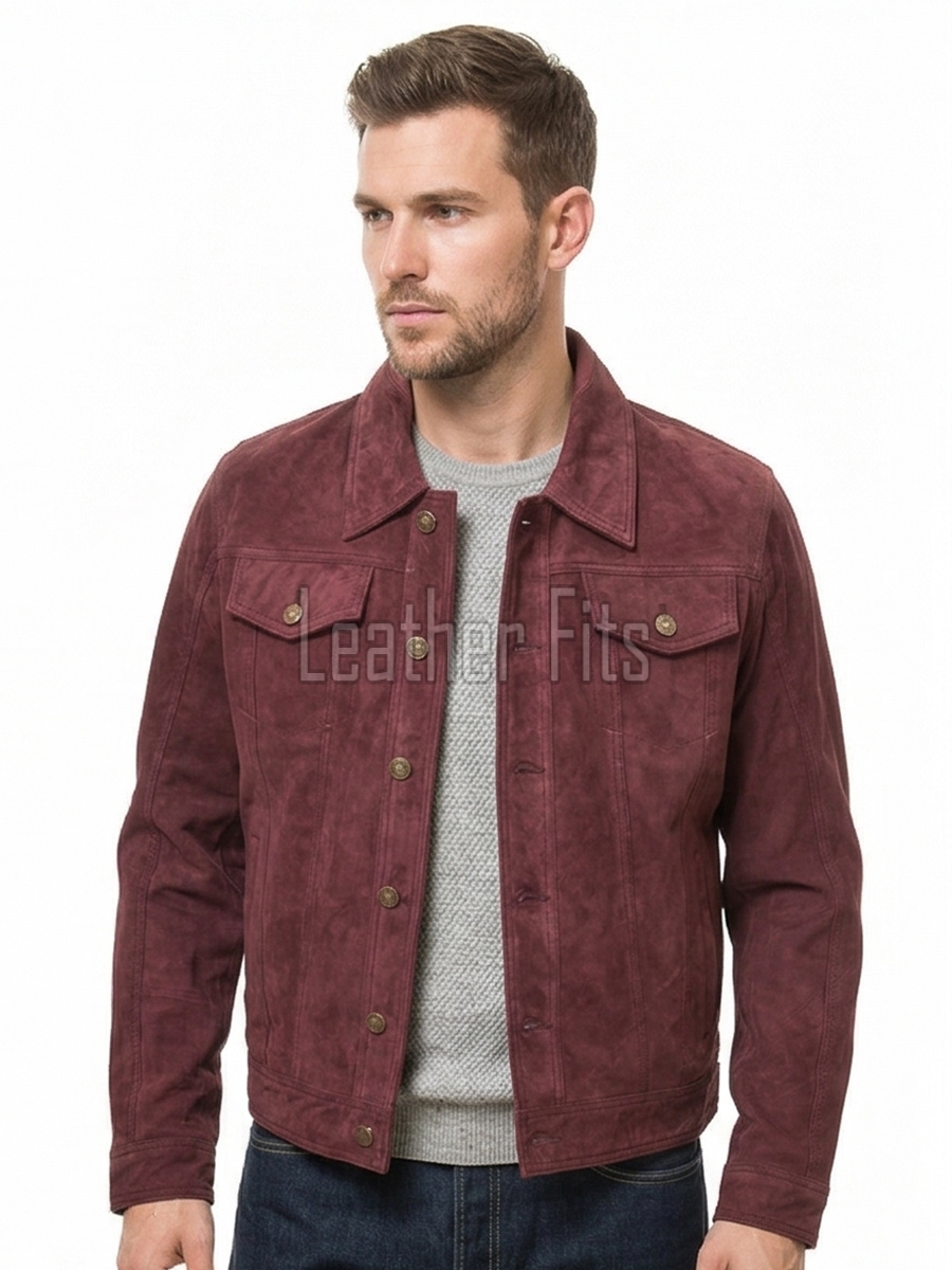 Men Maroon Suede Leather Trucker Jacket | Premium Genuine Suede Western Shacket | Classic Turn Down Shirt Collar Button Up Slim Fit Outerwear