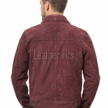 Men Maroon Suede Leather Trucker Jacket | Premium Genuine Suede Western Shacket | Classic Turn Down Shirt Collar Button Up Slim Fit Outerwear