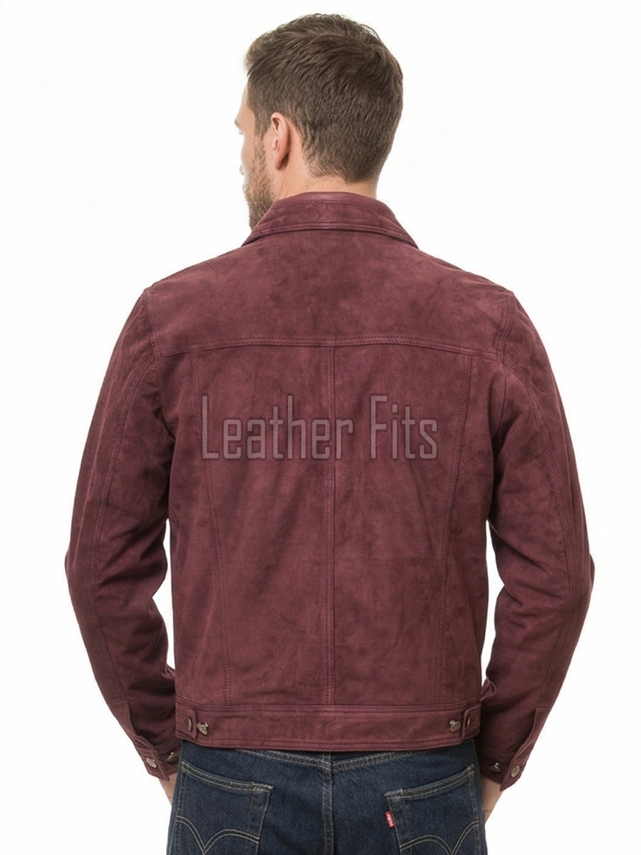 Men Maroon Suede Leather Trucker Jacket | Premium Genuine Suede Western Shacket | Classic Turn Down Shirt Collar Button Up Slim Fit Outerwear
