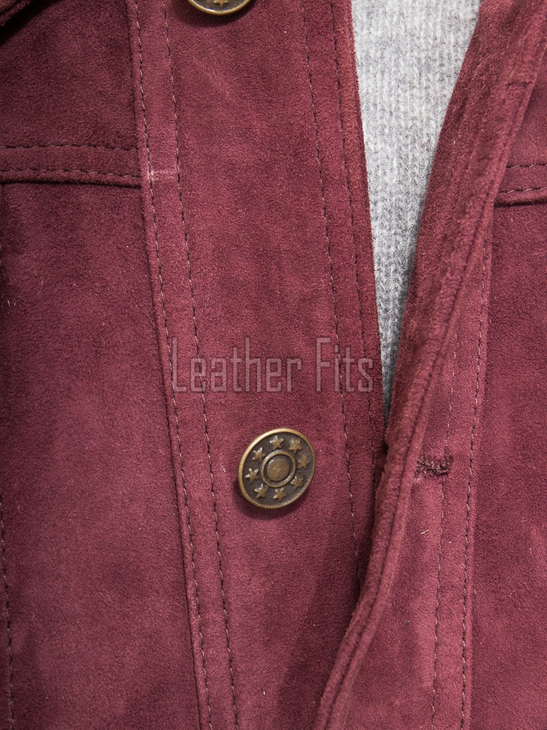 Men Maroon Suede Leather Trucker Jacket | Premium Genuine Suede Western Shacket | Classic Turn Down Shirt Collar Button Up Slim Fit Outerwear