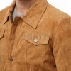 Men Tan Suede Leather Trucker Jacket | Premium Camel Genuine Goatskin Western Shacket | Vintage Turn Down Collar Button Up Slim Fit Outerwear