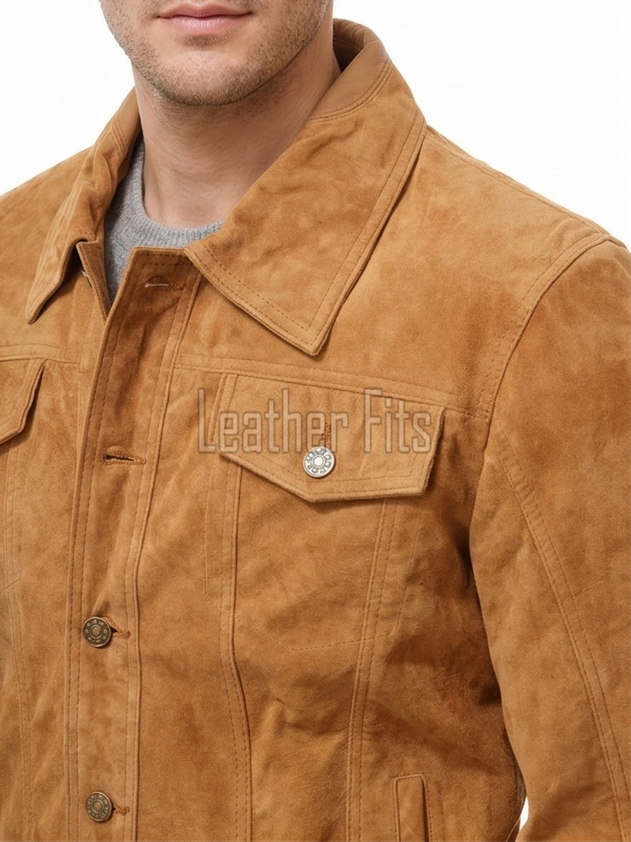 Men Tan Suede Leather Trucker Jacket | Premium Camel Genuine Goatskin Western Shacket | Vintage Turn Down Collar Button Up Slim Fit Outerwear