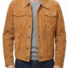 Men Tan Suede Leather Trucker Jacket | Premium Camel Genuine Goatskin Western Shacket | Vintage Turn Down Collar Button Up Slim Fit Outerwear
