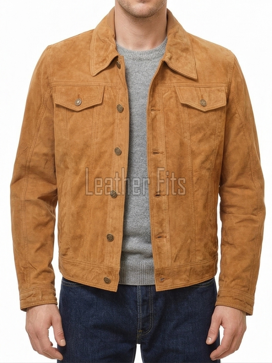 Men Tan Suede Leather Trucker Jacket | Premium Camel Genuine Goatskin Western Shacket | Vintage Turn Down Collar Button Up Slim Fit Outerwear