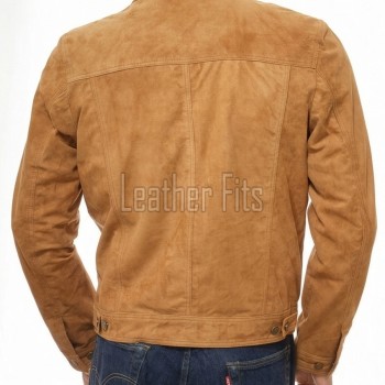 Men Tan Suede Leather Trucker Jacket | Premium Camel Genuine Goatskin Western Shacket | Vintage Turn Down Collar Button Up Slim Fit Outerwear