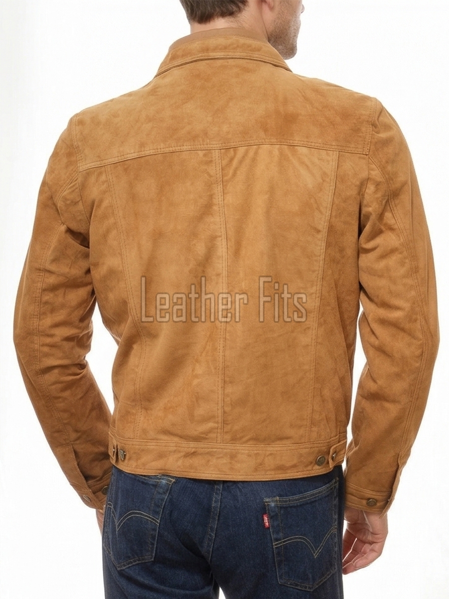 Men Tan Suede Leather Trucker Jacket | Premium Camel Genuine Goatskin Western Shacket | Vintage Turn Down Collar Button Up Slim Fit Outerwear