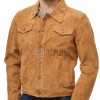 Men Tan Suede Leather Trucker Jacket | Premium Camel Genuine Goatskin Western Shacket | Vintage Turn Down Collar Button Up Slim Fit Outerwear