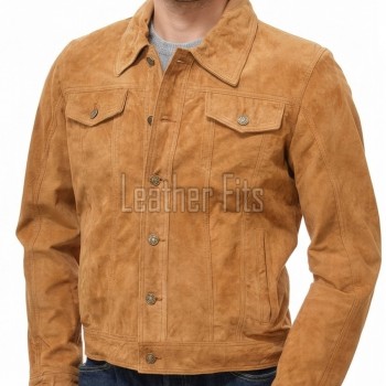 Men Tan Suede Leather Trucker Jacket | Premium Camel Genuine Goatskin Western Shacket | Vintage Turn Down Collar Button Up Slim Fit Outerwear