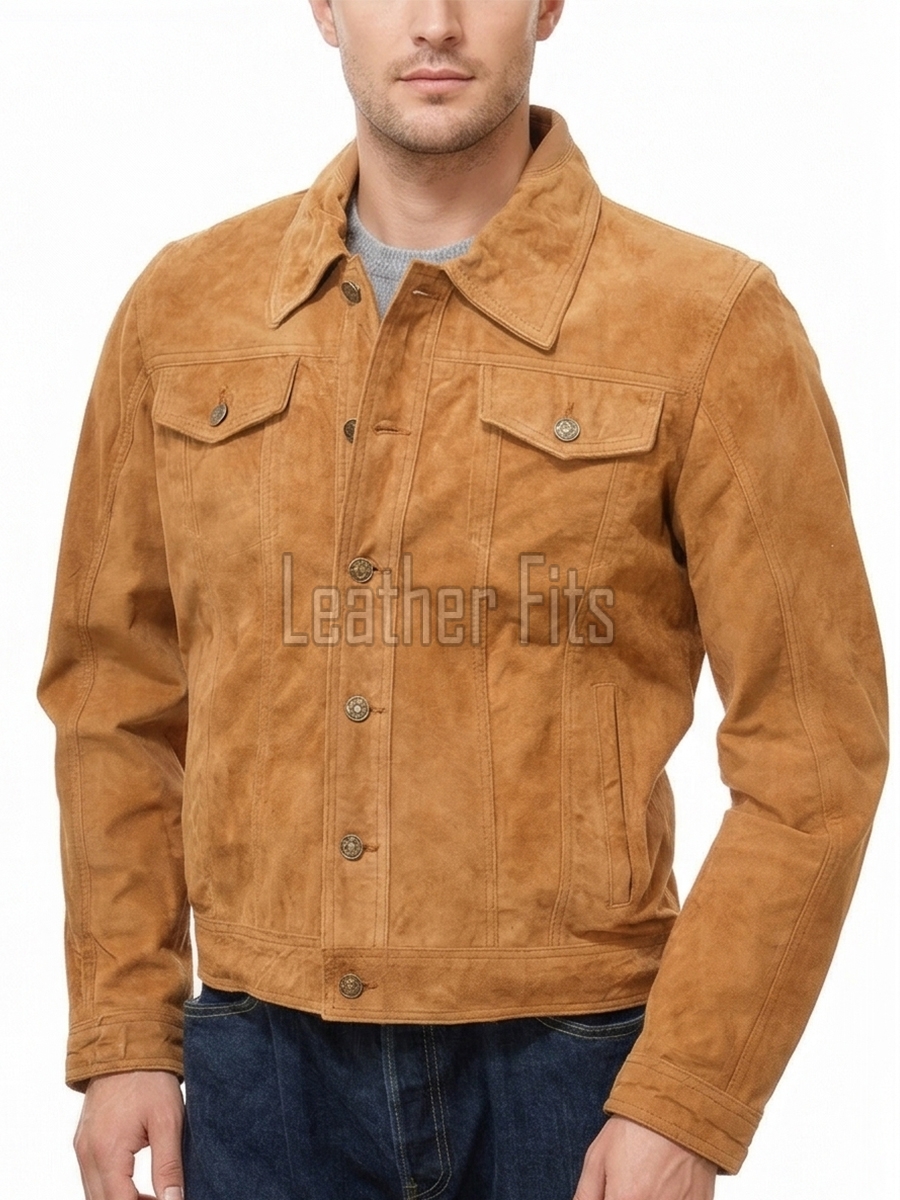 Men Tan Suede Leather Trucker Jacket | Premium Camel Genuine Goatskin Western Shacket | Vintage Turn Down Collar Button Up Slim Fit Outerwear