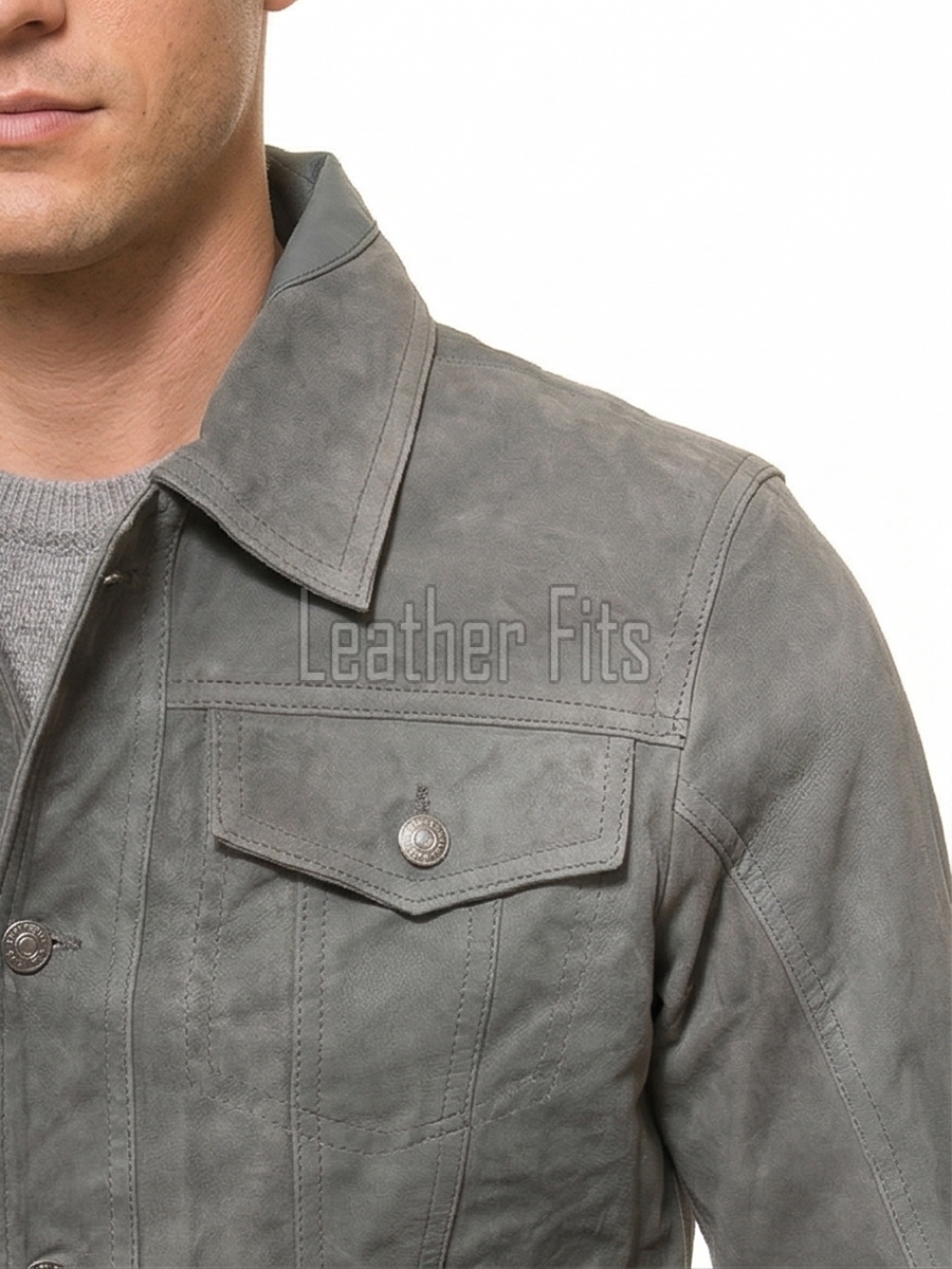 Men Slate Grey Suede Trucker Jacket | Premium Genuine Ash Gray Leather Western Outerwear | Vintage Button Up Denim Style Slim Fit Shacket