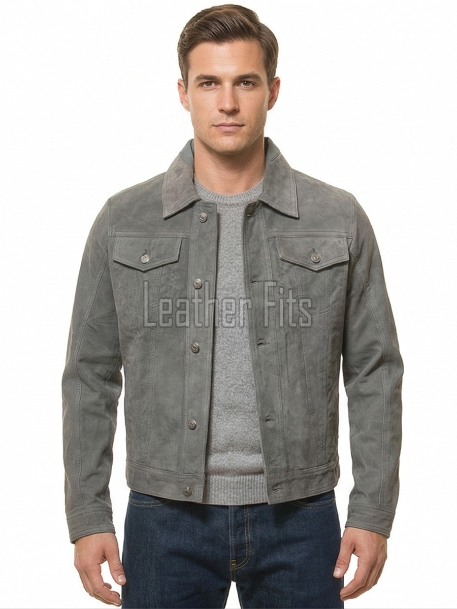 Men Slate Grey Suede Trucker Jacket | Premium Genuine Ash Gray Leather Western Outerwear | Vintage Button Up Denim Style Slim Fit Shacket