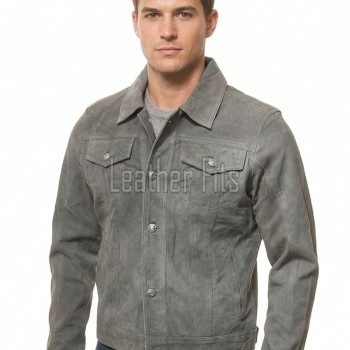 Men Slate Grey Suede Trucker Jacket | Premium Genuine Ash Gray Leather Western Outerwear | Vintage Button Up Denim Style Slim Fit Shacket