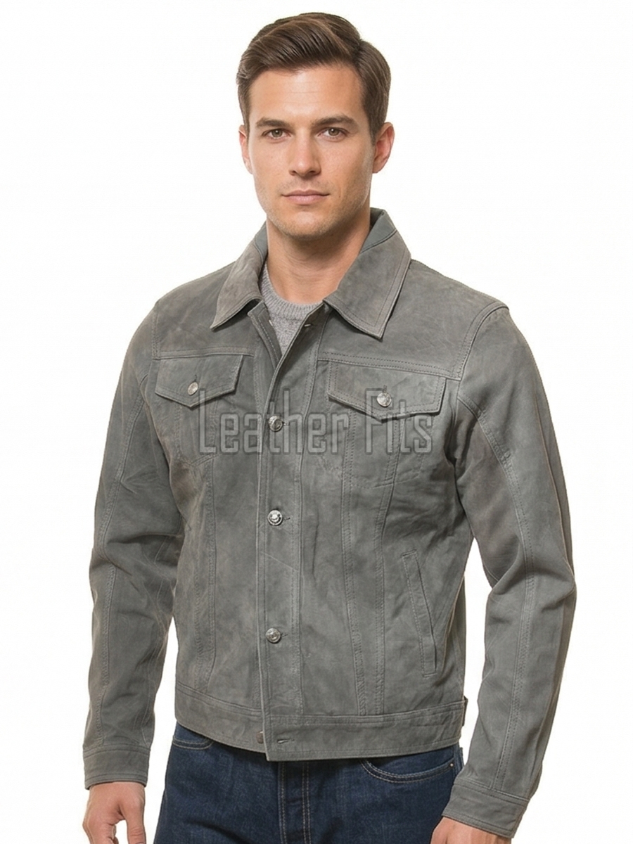 Men Slate Grey Suede Trucker Jacket | Premium Genuine Ash Gray Leather Western Outerwear | Vintage Button Up Denim Style Slim Fit Shacket