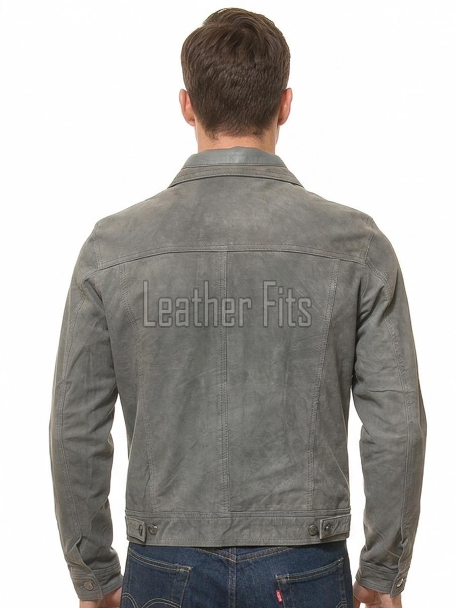 Men Slate Grey Suede Trucker Jacket | Premium Genuine Ash Gray Leather Western Outerwear | Vintage Button Up Denim Style Slim Fit Shacket