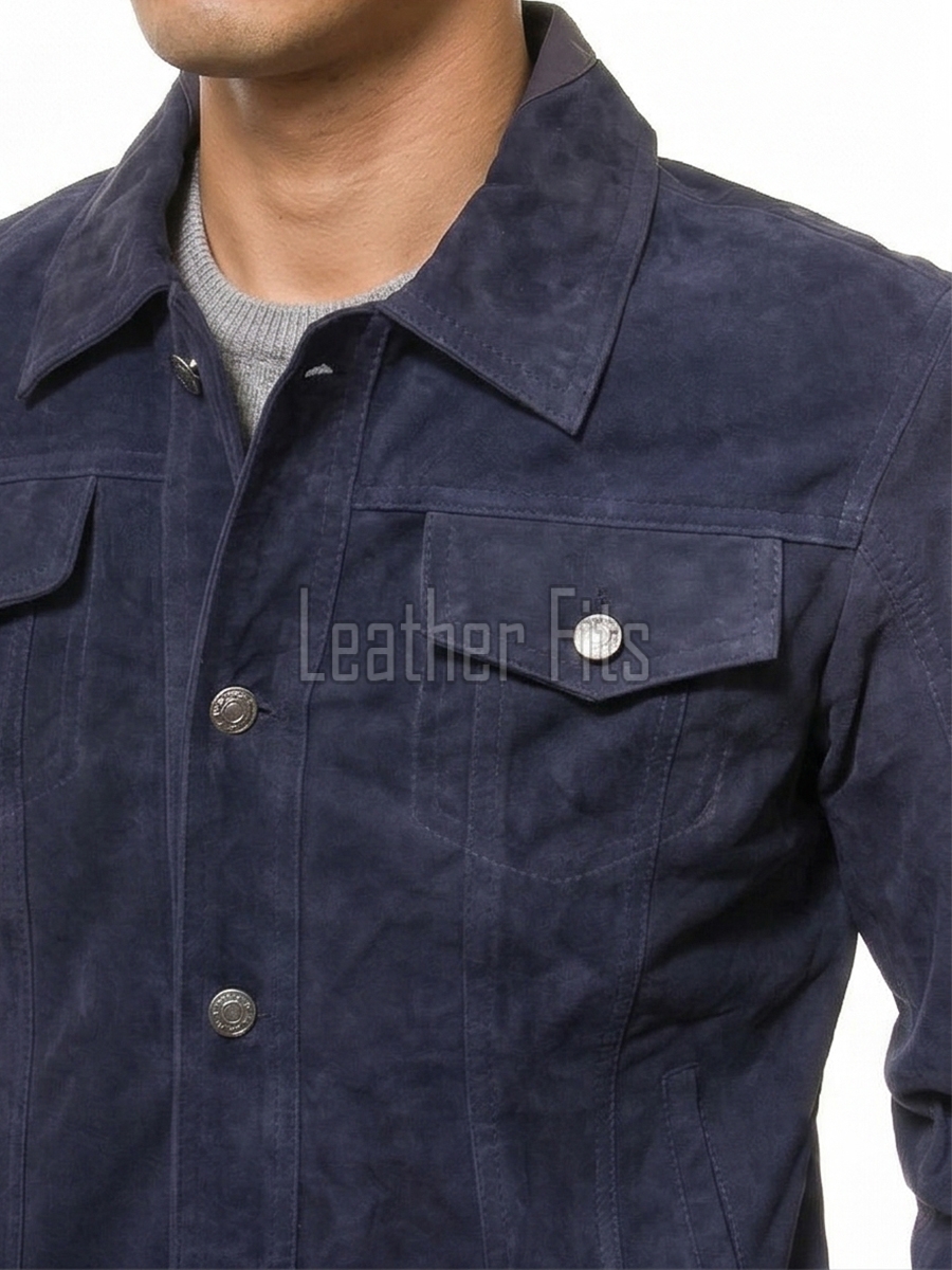 Men Navy Blue Suede Trucker Jacket | Premium Genuine Midnight Indigo Leather Western Shacket | Vintage Casual Button Up Fitted Outerwear