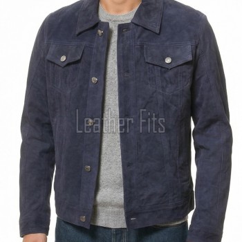 Men Navy Blue Suede Trucker Jacket | Premium Genuine Midnight Indigo Leather Western Shacket | Vintage Casual Button Up Fitted Outerwear
