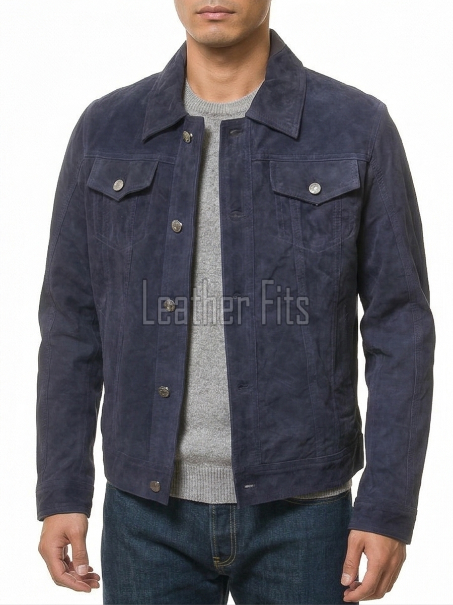 Men Navy Blue Suede Trucker Jacket | Premium Genuine Midnight Indigo Leather Western Shacket | Vintage Casual Button Up Fitted Outerwear