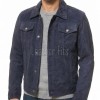 Men Navy Blue Suede Trucker Jacket | Premium Genuine Midnight Indigo Leather Western Shacket | Vintage Casual Button Up Fitted Outerwear